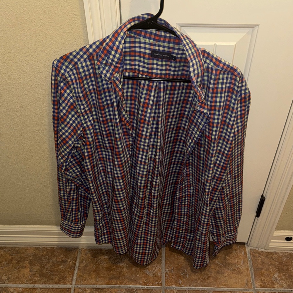 Southern Marsh Orange and Blue Plaid Casual Button Down Shirt